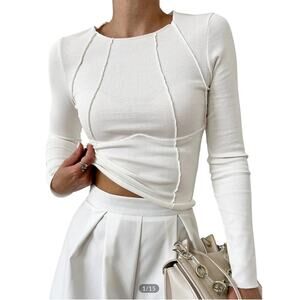 Commense White Ribbed Long Sleeve Blouse